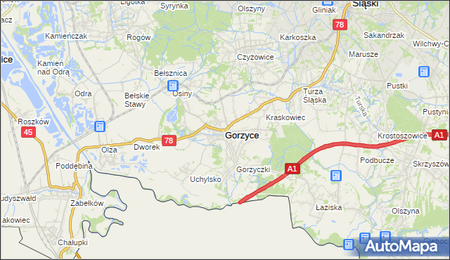 mapa Gorzyce powiat wodzisławski, Gorzyce powiat wodzisławski na mapie Targeo