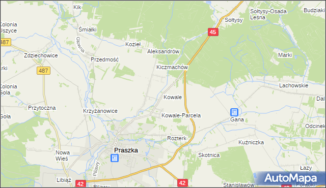 mapa Kowale gmina Praszka, Kowale gmina Praszka na mapie Targeo