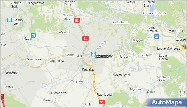 mapa Koziegłowy powiat myszkowski, Koziegłowy powiat myszkowski na mapie Targeo