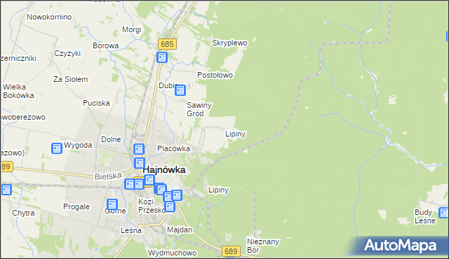 mapa Lipiny gmina Hajnówka, Lipiny gmina Hajnówka na mapie Targeo