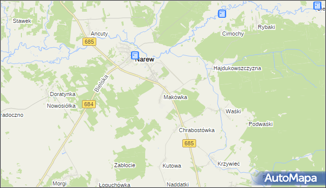 mapa Makówka gmina Narew, Makówka gmina Narew na mapie Targeo