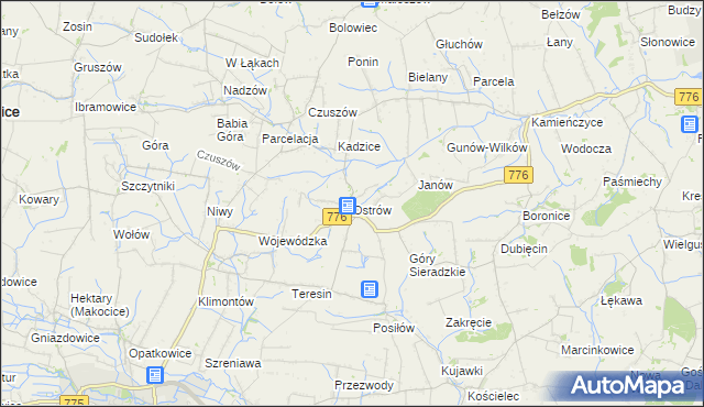 mapa Ostrów gmina Proszowice, Ostrów gmina Proszowice na mapie Targeo