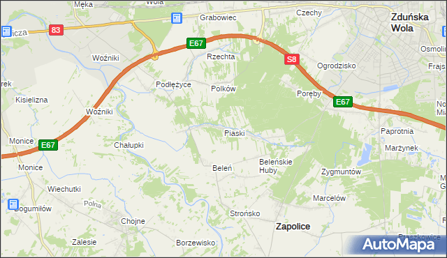 mapa Piaski gmina Zduńska Wola, Piaski gmina Zduńska Wola na mapie Targeo