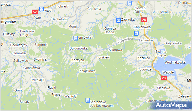 mapa Ponikiew gmina Wadowice, Ponikiew gmina Wadowice na mapie Targeo