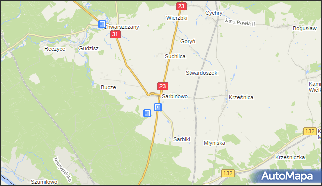 mapa Sarbinowo gmina Dębno, Sarbinowo gmina Dębno na mapie Targeo