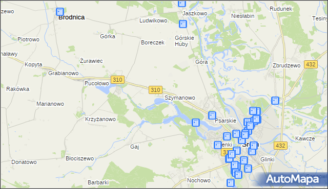 mapa Szymanowo gmina Śrem, Szymanowo gmina Śrem na mapie Targeo