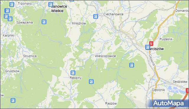mapa Wieściszowice, Wieściszowice na mapie Targeo
