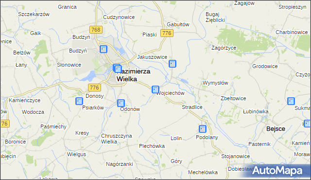 mapa Wojciechów gmina Kazimierza Wielka, Wojciechów gmina Kazimierza Wielka na mapie Targeo