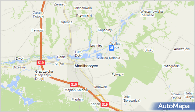 mapa Wolica-Kolonia gmina Modliborzyce, Wolica-Kolonia gmina Modliborzyce na mapie Targeo