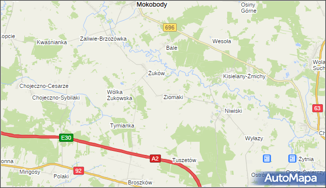 mapa Ziomaki gmina Mokobody, Ziomaki gmina Mokobody na mapie Targeo