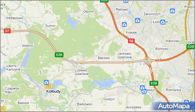 mapa Bąkowo gmina Kolbudy, Bąkowo gmina Kolbudy na mapie Targeo