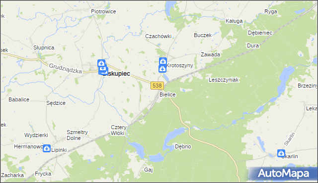 mapa Bielice gmina Biskupiec, Bielice gmina Biskupiec na mapie Targeo