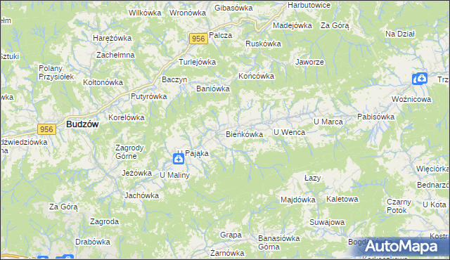 mapa Bieńkówka gmina Budzów, Bieńkówka gmina Budzów na mapie Targeo