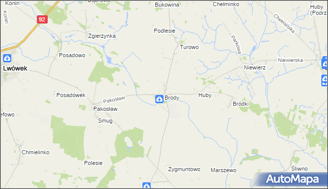mapa Brody gmina Lwówek, Brody gmina Lwówek na mapie Targeo