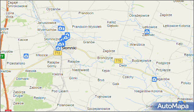 mapa Brończyce gmina Słomniki, Brończyce gmina Słomniki na mapie Targeo