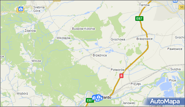mapa Brzeźnica gmina Bardo, Brzeźnica gmina Bardo na mapie Targeo