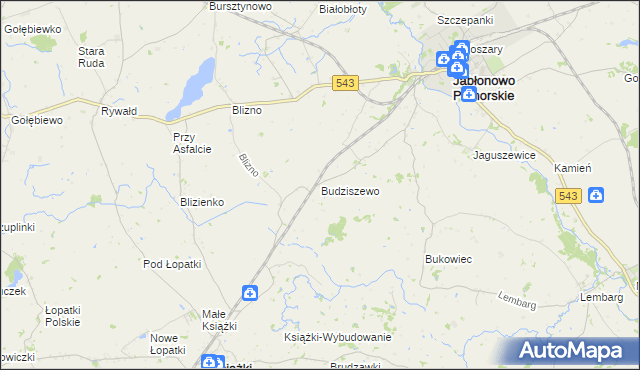 mapa Budziszewo gmina Jabłonowo Pomorskie, Budziszewo gmina Jabłonowo Pomorskie na mapie Targeo