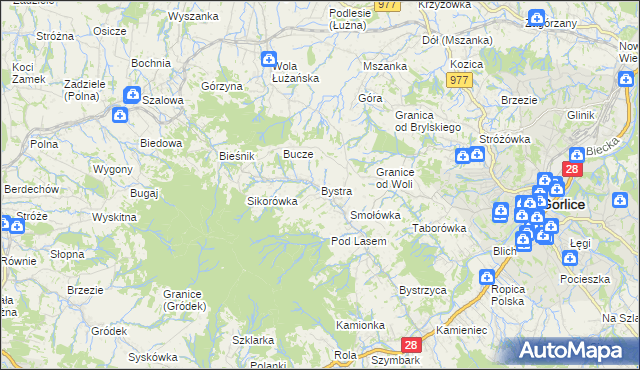 mapa Bystra gmina Gorlice, Bystra gmina Gorlice na mapie Targeo