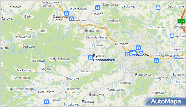 mapa Bystra Podhalańska, Bystra Podhalańska na mapie Targeo