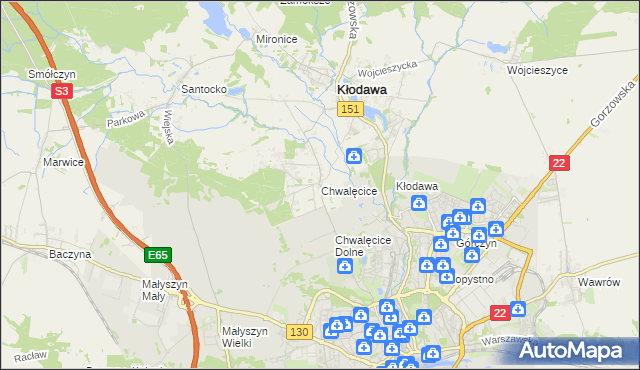 mapa Chwalęcice gmina Kłodawa, Chwalęcice gmina Kłodawa na mapie Targeo
