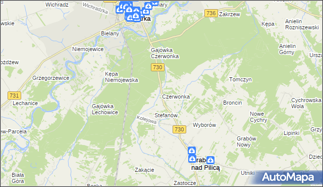 mapa Czerwonka gmina Grabów nad Pilicą, Czerwonka gmina Grabów nad Pilicą na mapie Targeo