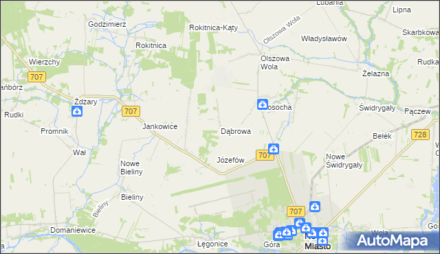 mapa Dąbrowa gmina Nowe Miasto nad Pilicą, Dąbrowa gmina Nowe Miasto nad Pilicą na mapie Targeo