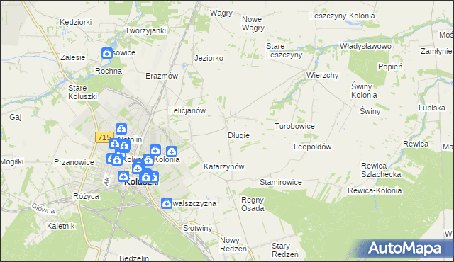 mapa Długie gmina Koluszki, Długie gmina Koluszki na mapie Targeo