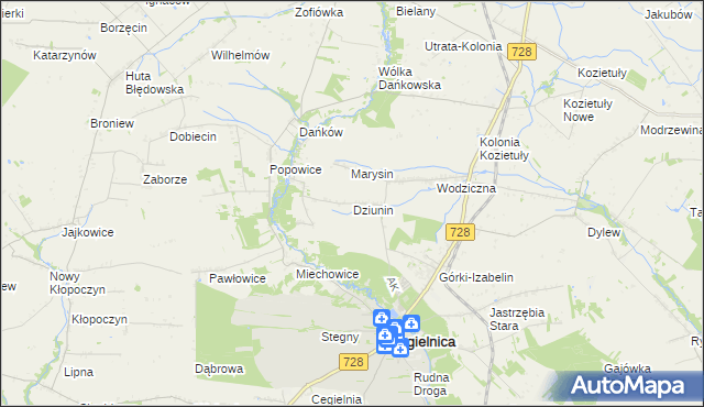 mapa Dziunin gmina Mogielnica, Dziunin gmina Mogielnica na mapie Targeo