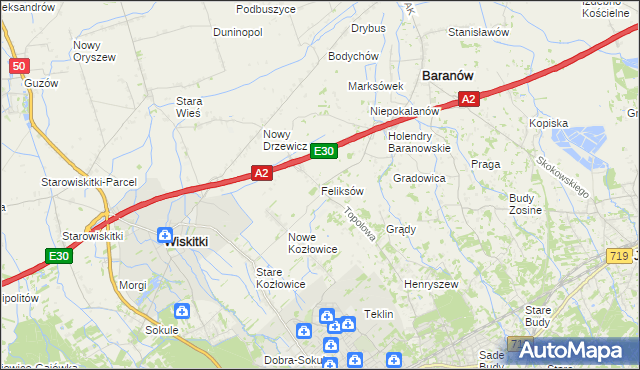 mapa Feliksów gmina Wiskitki, Feliksów gmina Wiskitki na mapie Targeo