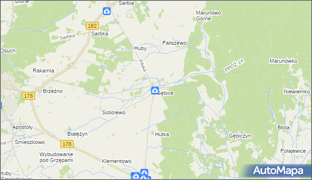 mapa Gębice gmina Czarnków, Gębice gmina Czarnków na mapie Targeo
