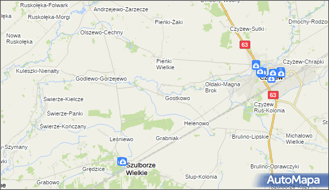 mapa Gostkowo gmina Szulborze Wielkie, Gostkowo gmina Szulborze Wielkie na mapie Targeo