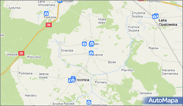 mapa Granice gmina Trzcinica, Granice gmina Trzcinica na mapie Targeo