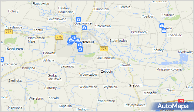 mapa Jakubowice gmina Proszowice, Jakubowice gmina Proszowice na mapie Targeo