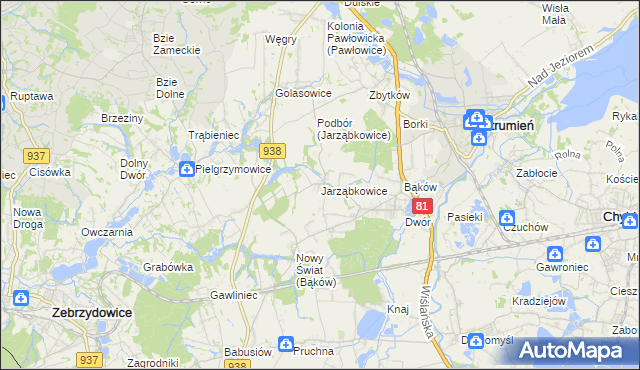 mapa Jarząbkowice gmina Pawłowice, Jarząbkowice gmina Pawłowice na mapie Targeo