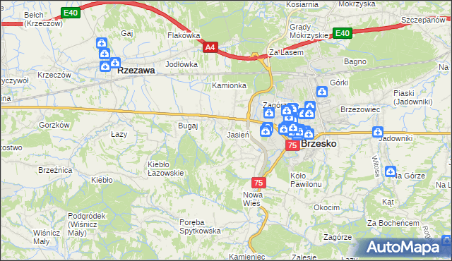 mapa Jasień gmina Brzesko, Jasień gmina Brzesko na mapie Targeo