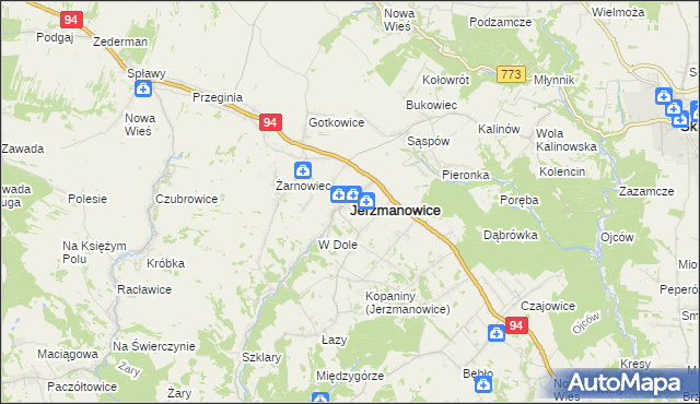 mapa Jerzmanowice gmina Jerzmanowice-Przeginia, Jerzmanowice gmina Jerzmanowice-Przeginia na mapie Targeo
