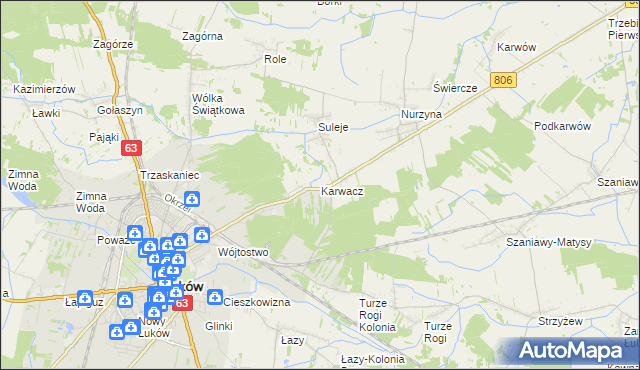 mapa Karwacz gmina Łuków, Karwacz gmina Łuków na mapie Targeo