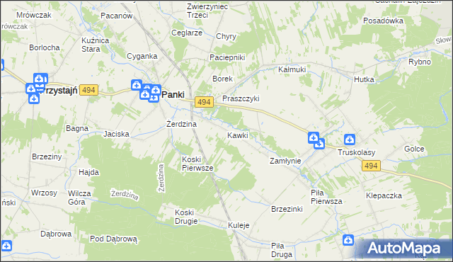 mapa Kawki gmina Panki, Kawki gmina Panki na mapie Targeo