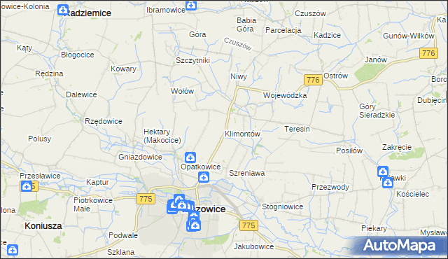 mapa Klimontów gmina Proszowice, Klimontów gmina Proszowice na mapie Targeo