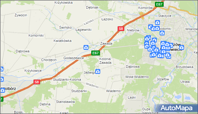 mapa Kolonia Zawada gmina Tomaszów Mazowiecki, Kolonia Zawada gmina Tomaszów Mazowiecki na mapie Targeo