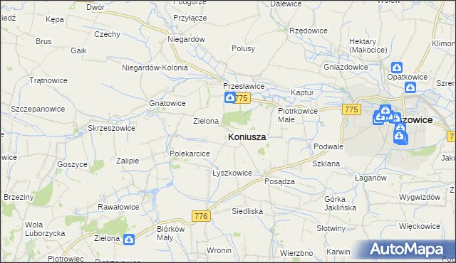 mapa Koniusza powiat proszowicki, Koniusza powiat proszowicki na mapie Targeo