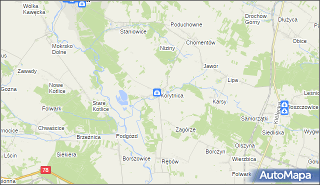 mapa Korytnica gmina Sobków, Korytnica gmina Sobków na mapie Targeo