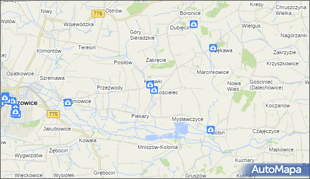 mapa Kościelec gmina Proszowice, Kościelec gmina Proszowice na mapie Targeo