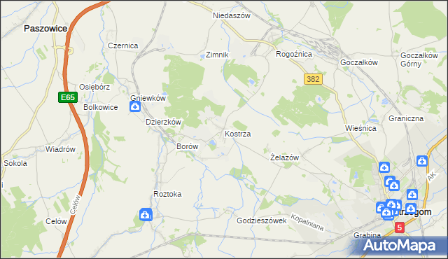 mapa Kostrza gmina Strzegom, Kostrza gmina Strzegom na mapie Targeo