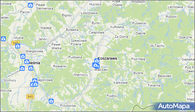 mapa Koszarawa, Koszarawa na mapie Targeo