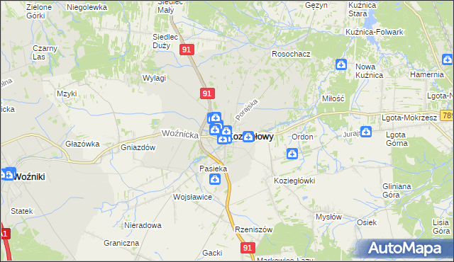 mapa Koziegłowy powiat myszkowski, Koziegłowy powiat myszkowski na mapie Targeo