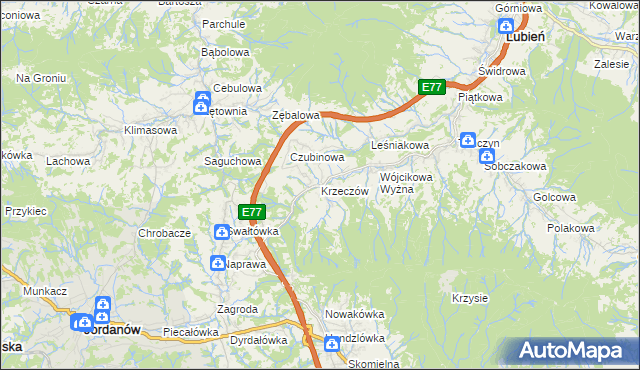 mapa Krzeczów gmina Lubień, Krzeczów gmina Lubień na mapie Targeo