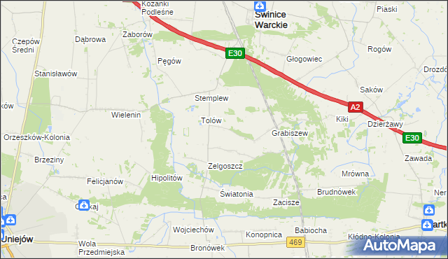 mapa Ładawy gmina Świnice Warckie, Ładawy gmina Świnice Warckie na mapie Targeo