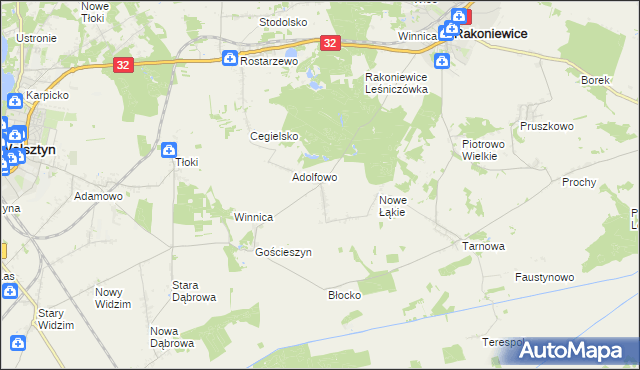 mapa Łąkie gmina Rakoniewice, Łąkie gmina Rakoniewice na mapie Targeo