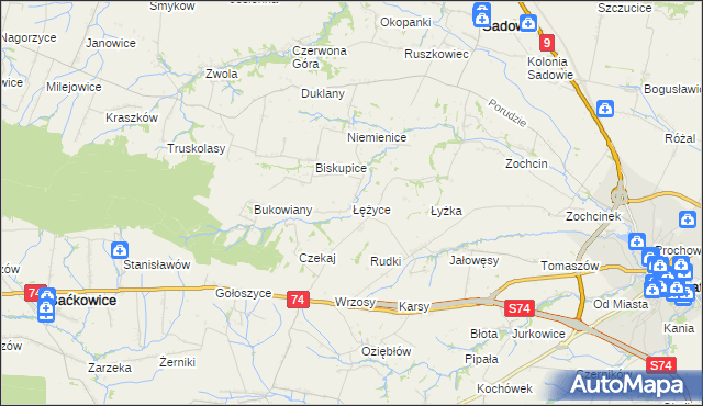 mapa Łężyce gmina Sadowie, Łężyce gmina Sadowie na mapie Targeo